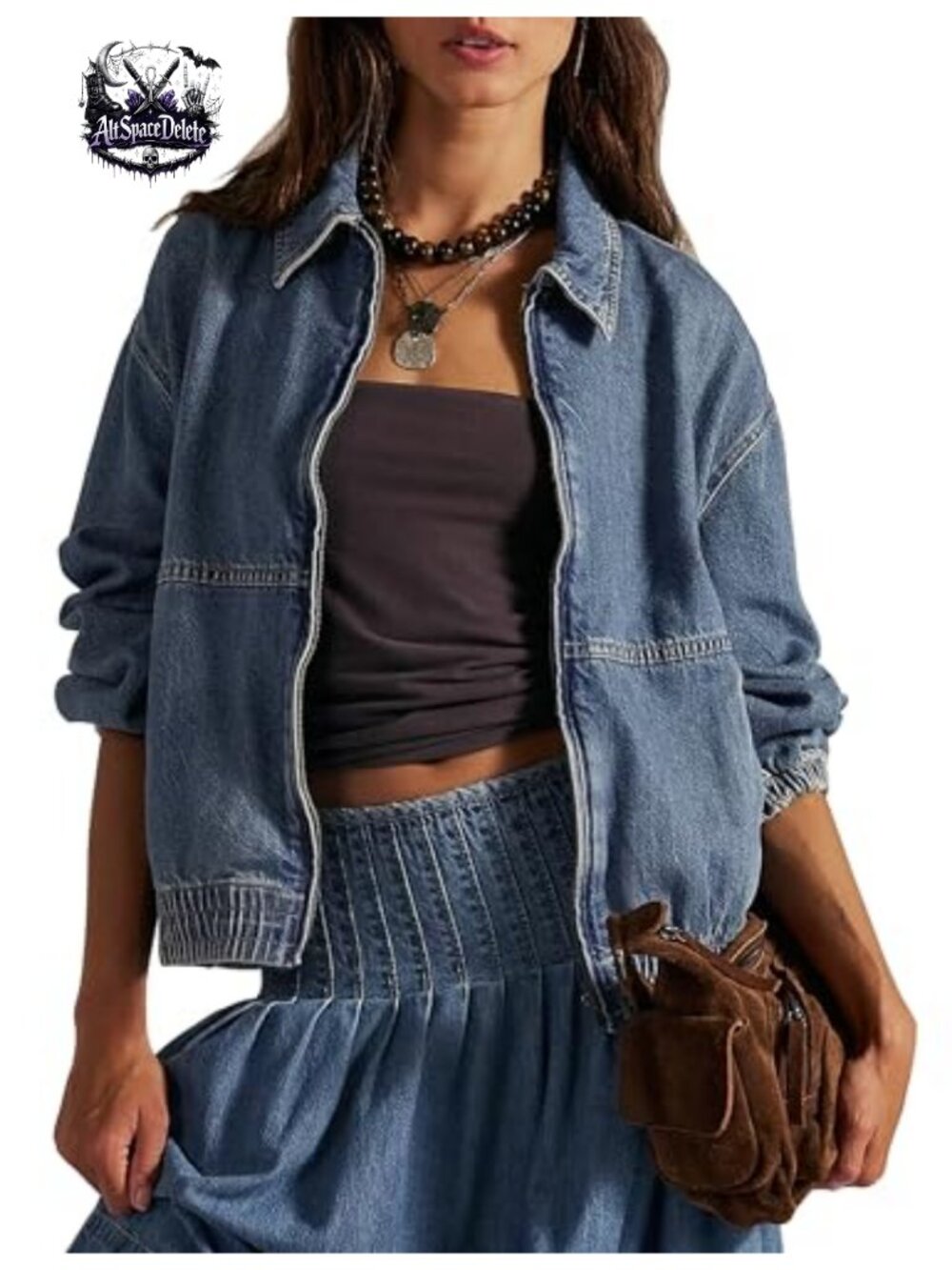 Womens Denim Jean Jacket Zip Up Loose Fit Bomber Casual